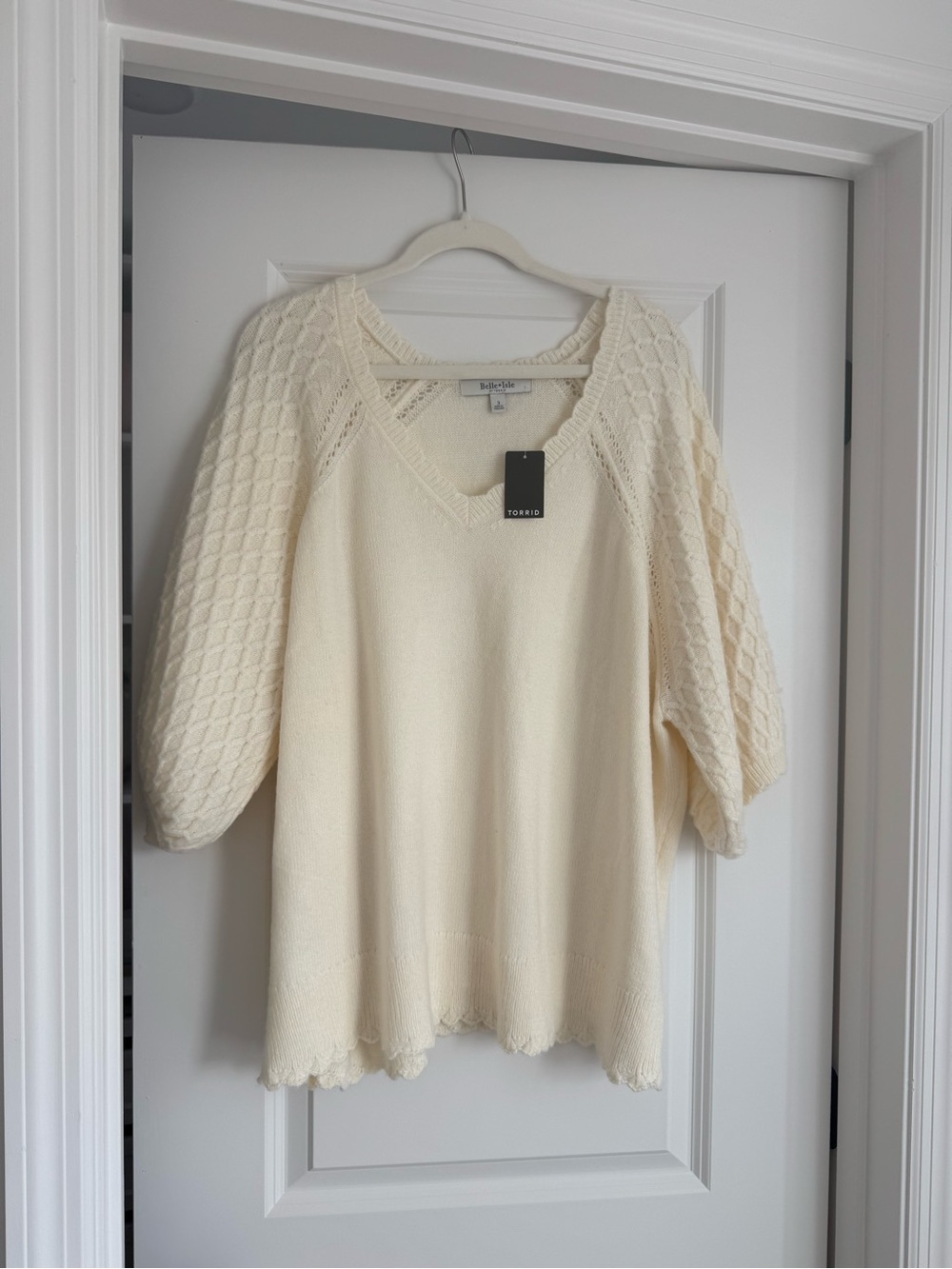 torrid Cream V-Neck Knit Sweater with Textured Balloon Sleeves
